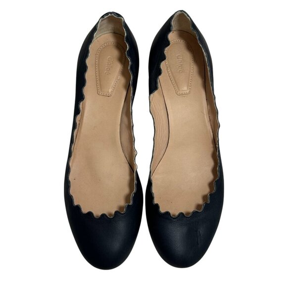 CHLOE Lauren Navy Leather Scalloped Pumps Low Heel size 37, 6.5 - Picture 4 of 8